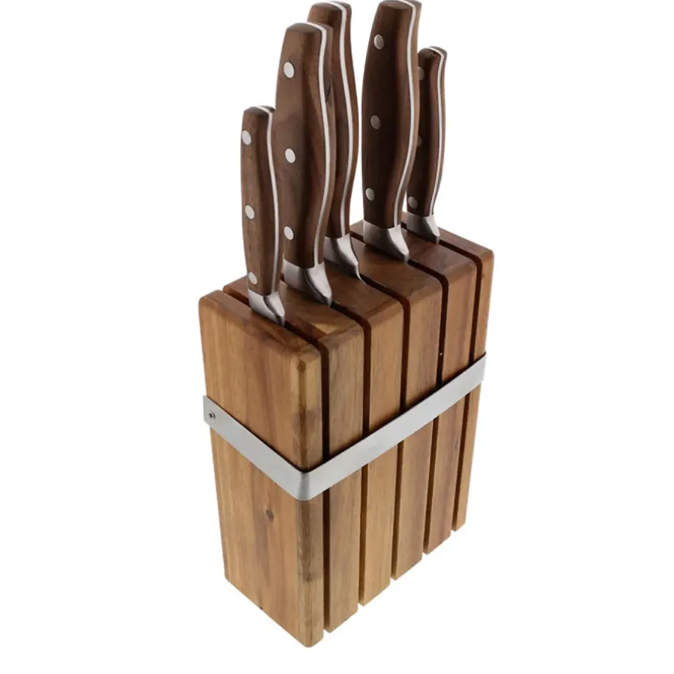 Fabrique de Styles Couteaux De Cuisine*Bloc en acacia de 5 couteaux de cuisine inox avec manche en noyer