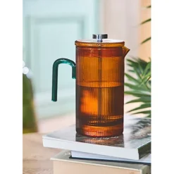 Fabrique de Styles Théières Et Cafetières*Cafetière à piston striée en verre borosilicate et émeraude 1L