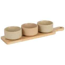Fabrique de Styles Bols Et Coupelles*Coupelles x3 en grès nude et plateau en hévéa - Sweet Leaves