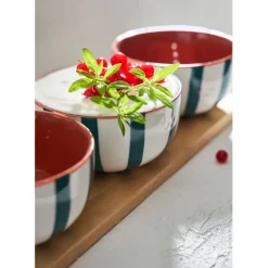 Fabrique de Styles Bols Et Coupelles*Coupelles x3 en grès rayées émeraude et blanc avec planche d11cm - Alaria