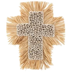 Fabrique de Styles Déco À Suspendre Et Adhésive*Deco murale croix en raphia et coquillage naturel et blanc - Cauri