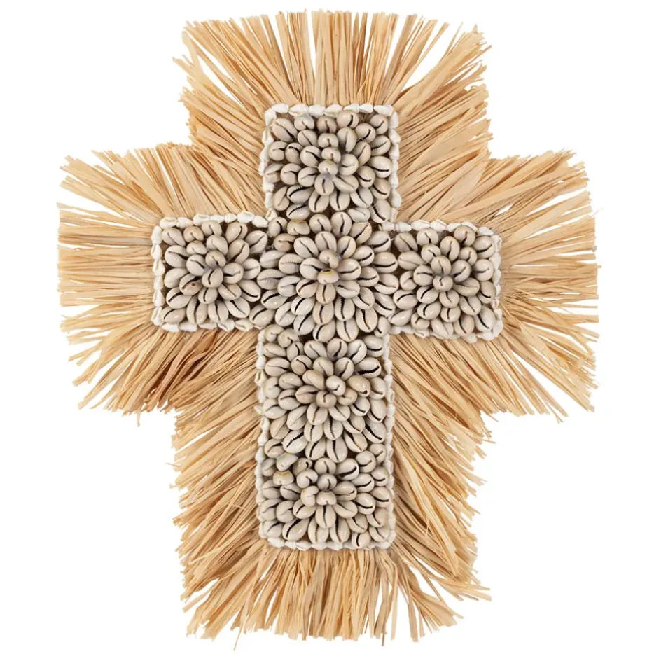 Fabrique de Styles Déco À Suspendre Et Adhésive*Deco murale croix en raphia et coquillage naturel et blanc - Cauri