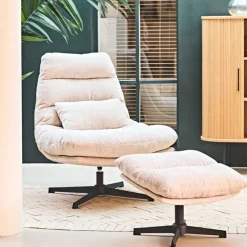 Fabrique de Styles Fauteuils*Fauteuil et repose pied en tissu beige et fer noir - Lery