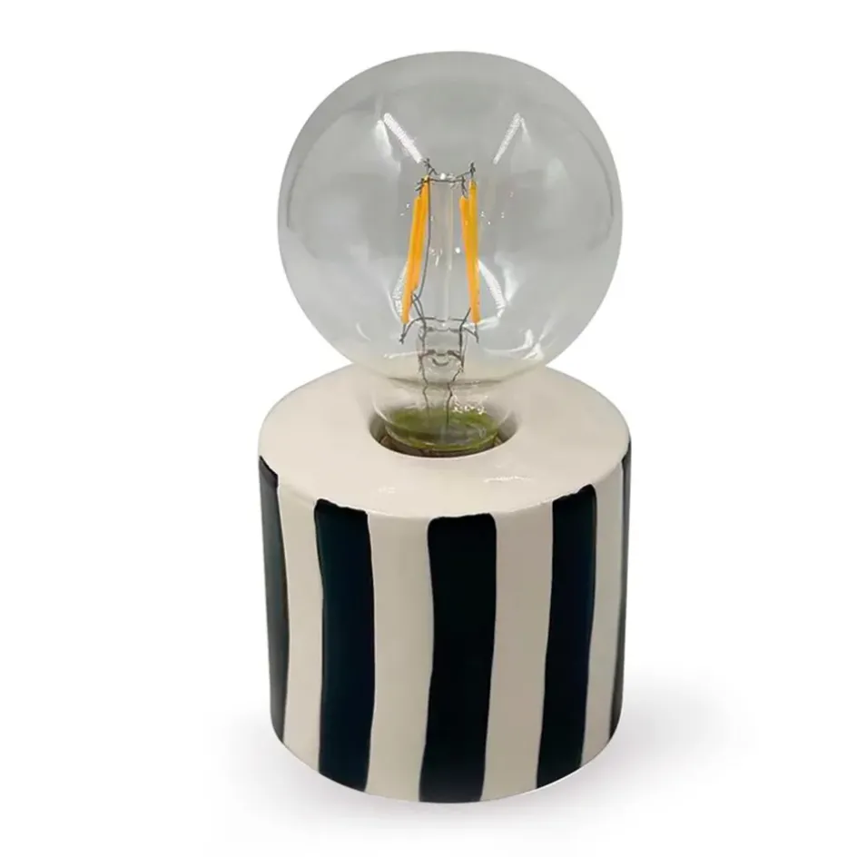 Fabrique de Styles Lampes À Poser*Lampe à piles en faïence rayée et blanc h17cm