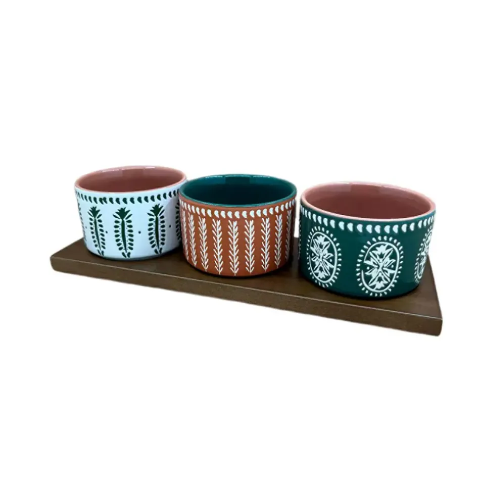 Fabrique de Styles Bols Et Coupelles*Lot de 3 coupelles en grès et plateau terracotta, vert et blanc - romance vegetal