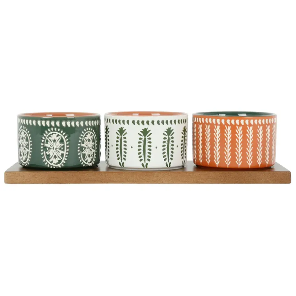 Fabrique de Styles Bols Et Coupelles*Lot de 3 coupelles en grès et plateau terracotta, vert et blanc - romance vegetal