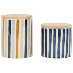 Fabrique de Styles Pots Et Bocaux*Pot x2 avec couvercle en bambou rayé bleu et beige en grès - blue sand