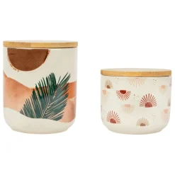 Fabrique de Styles Pots Et Bocaux*Pots x2 et vert en porcelaine avec couvercle en bambou - sweet leaves