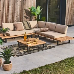 Enfant Fabrique de Styles Salons De Jardin|Jardin*Salon de jardin d'angle en bois 5 places beige - Feros