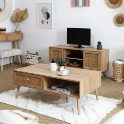 Fabrique de Styles Table Basses*Table basse avec tiroir en bois et cannage L110cm - Baia
