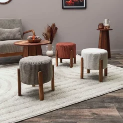Fabrique de Styles Poufs Et Tabourets*Tabouret en tissu côtelé beige et bois d'acacia - Scarlett