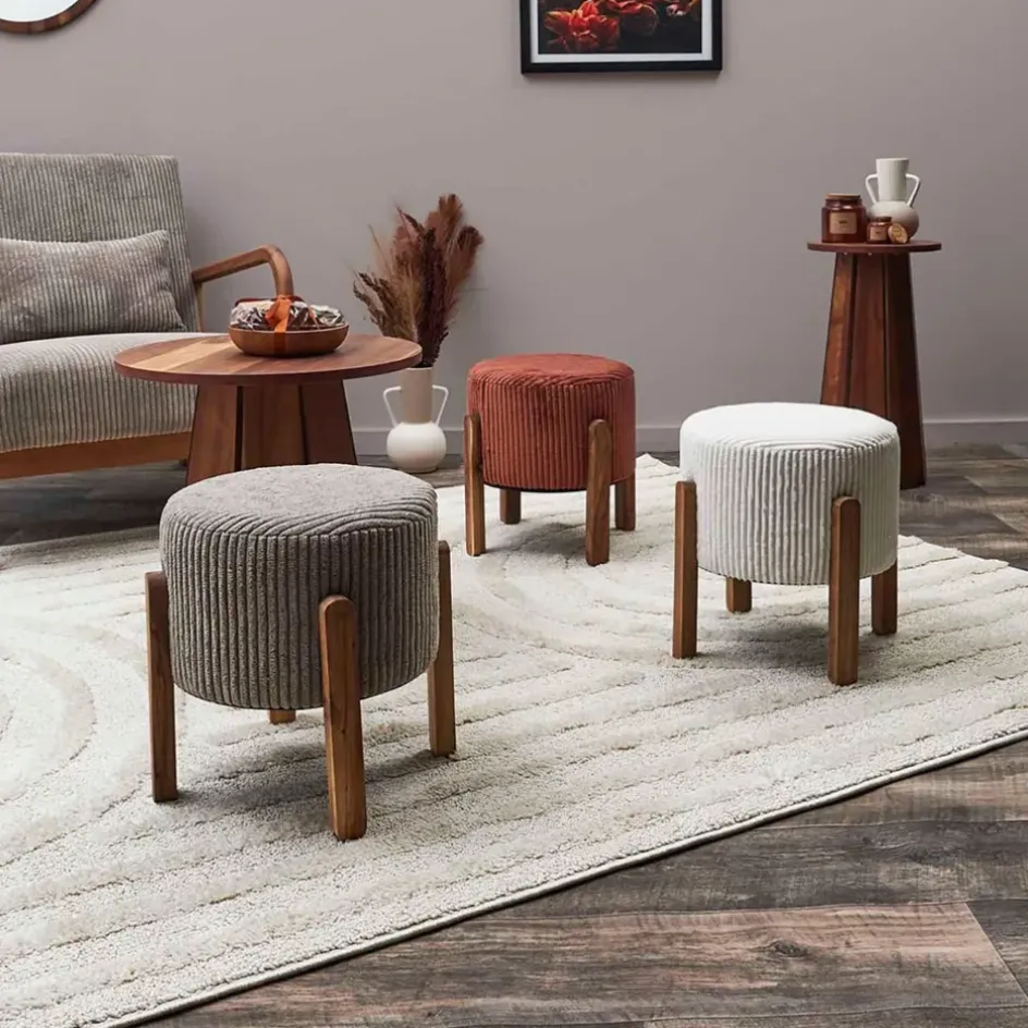 Fabrique de Styles Poufs Et Tabourets*Tabouret en tissu côtelé et bois d'acacia - Scarlett